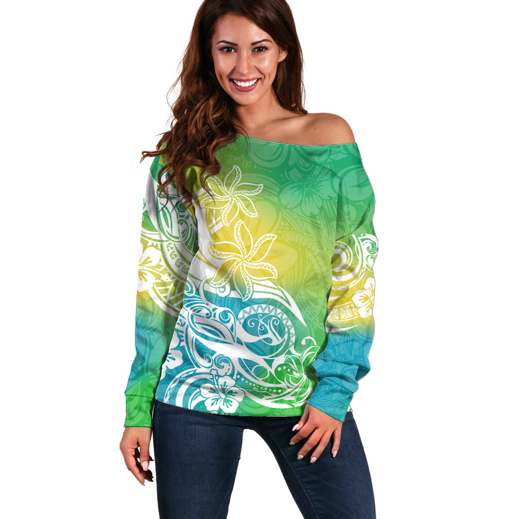 Polynesian Sunset Plumeria Off Shoulder Sweater Pacific Island Tribal Green Style - Wonder Print Shop