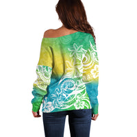 Polynesian Sunset Plumeria Off Shoulder Sweater Pacific Island Tribal Green Style - Wonder Print Shop