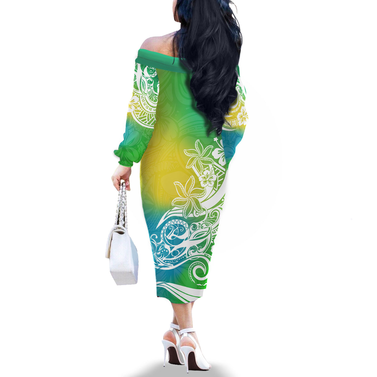 Polynesian Sunset Plumeria Off The Shoulder Long Sleeve Dress Pacific Island Tribal Green Style - Wonder Print Shop