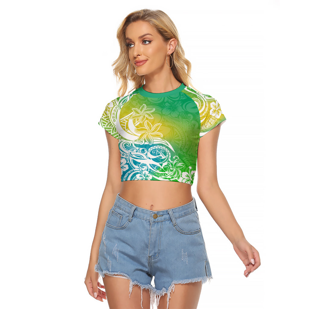Polynesian Sunset Plumeria Raglan Cropped T Shirt Pacific Island Tribal Green Style - Wonder Print Shop