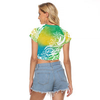 Polynesian Sunset Plumeria Raglan Cropped T Shirt Pacific Island Tribal Green Style - Wonder Print Shop