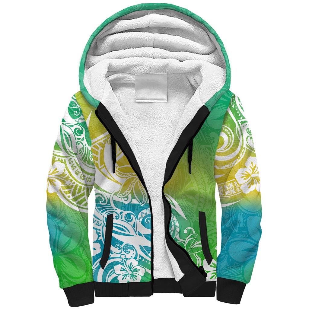Polynesian Sunset Plumeria Sherpa Hoodie Pacific Island Tribal Green Style - Wonder Print Shop
