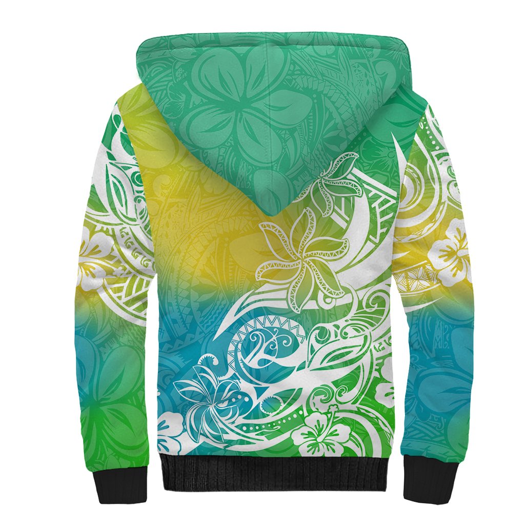 Polynesian Sunset Plumeria Sherpa Hoodie Pacific Island Tribal Green Style - Wonder Print Shop