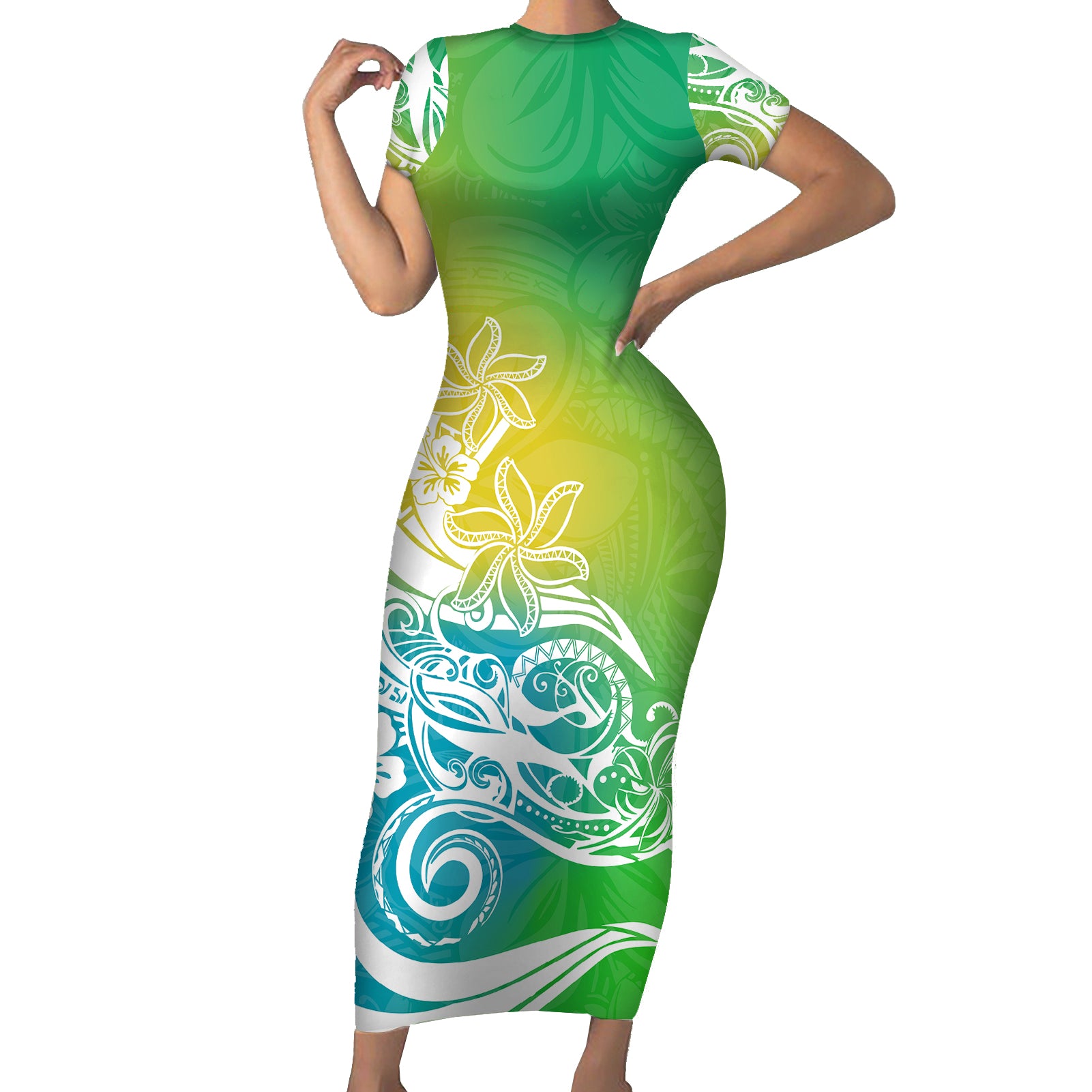 Polynesian Sunset Plumeria Short Sleeve Bodycon Dress Pacific Island Tribal Green Style - Wonder Print Shop