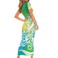 Polynesian Sunset Plumeria Short Sleeve Bodycon Dress Pacific Island Tribal Green Style - Wonder Print Shop