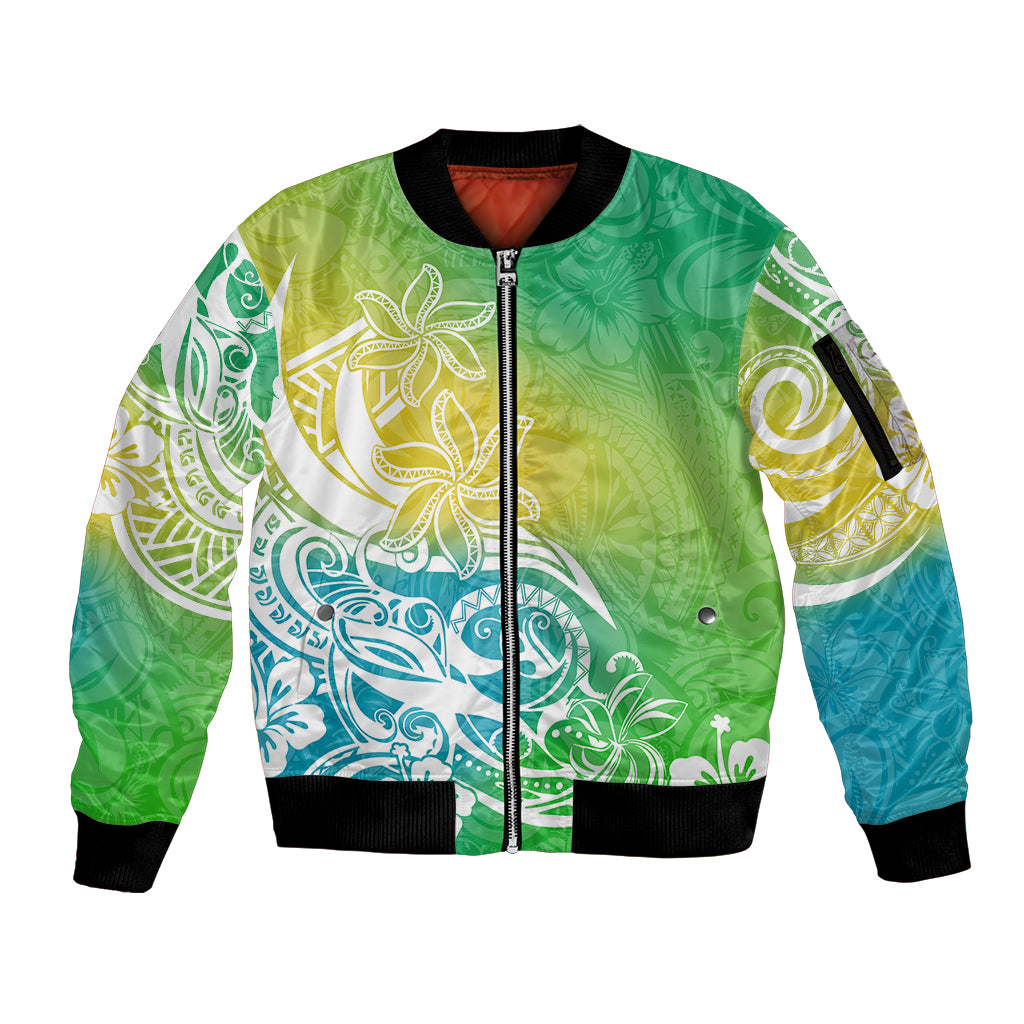 Polynesian Sunset Plumeria Sleeve Zip Bomber Jacket Pacific Island Tribal Green Style - Wonder Print Shop