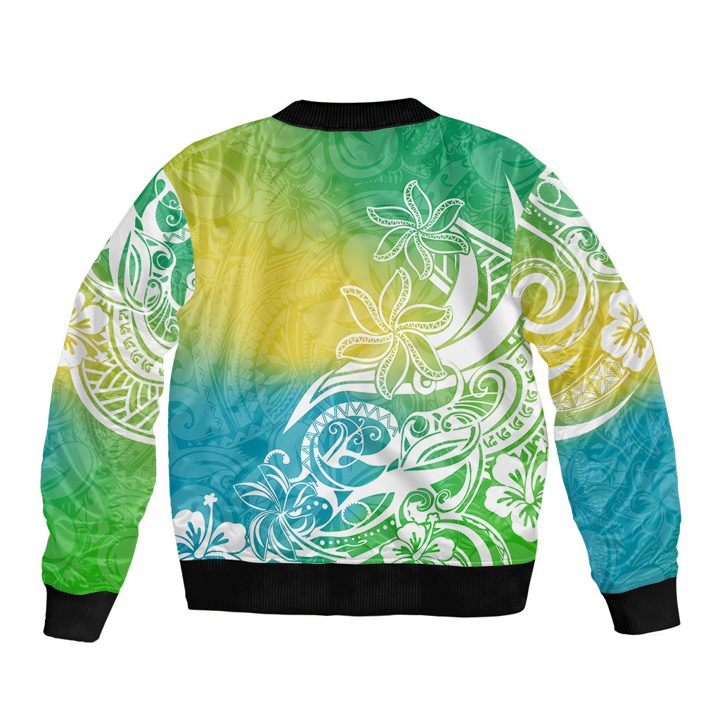 Polynesian Sunset Plumeria Sleeve Zip Bomber Jacket Pacific Island Tribal Green Style - Wonder Print Shop