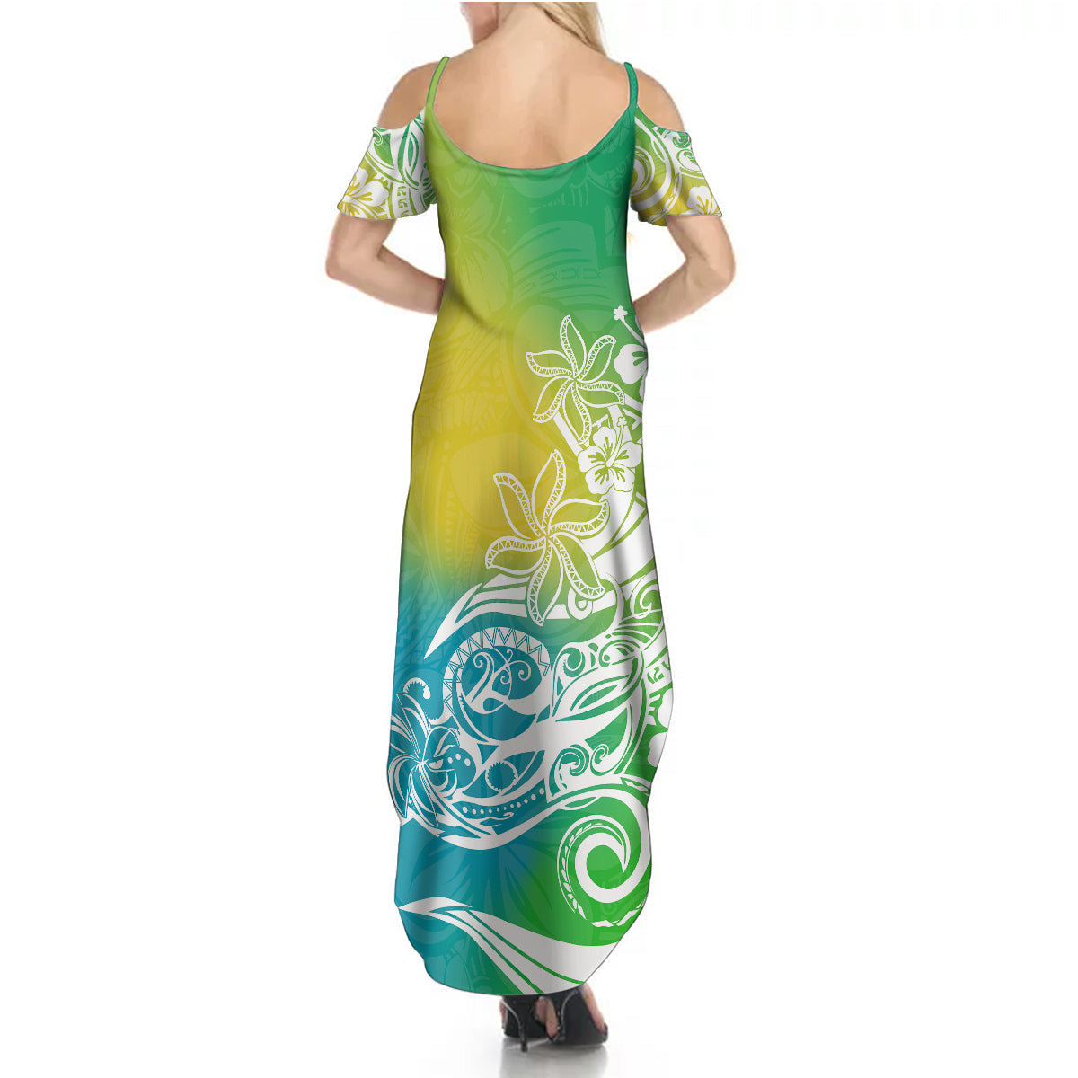 Polynesian Sunset Plumeria Summer Maxi Dress Pacific Island Tribal Green Style - Wonder Print Shop