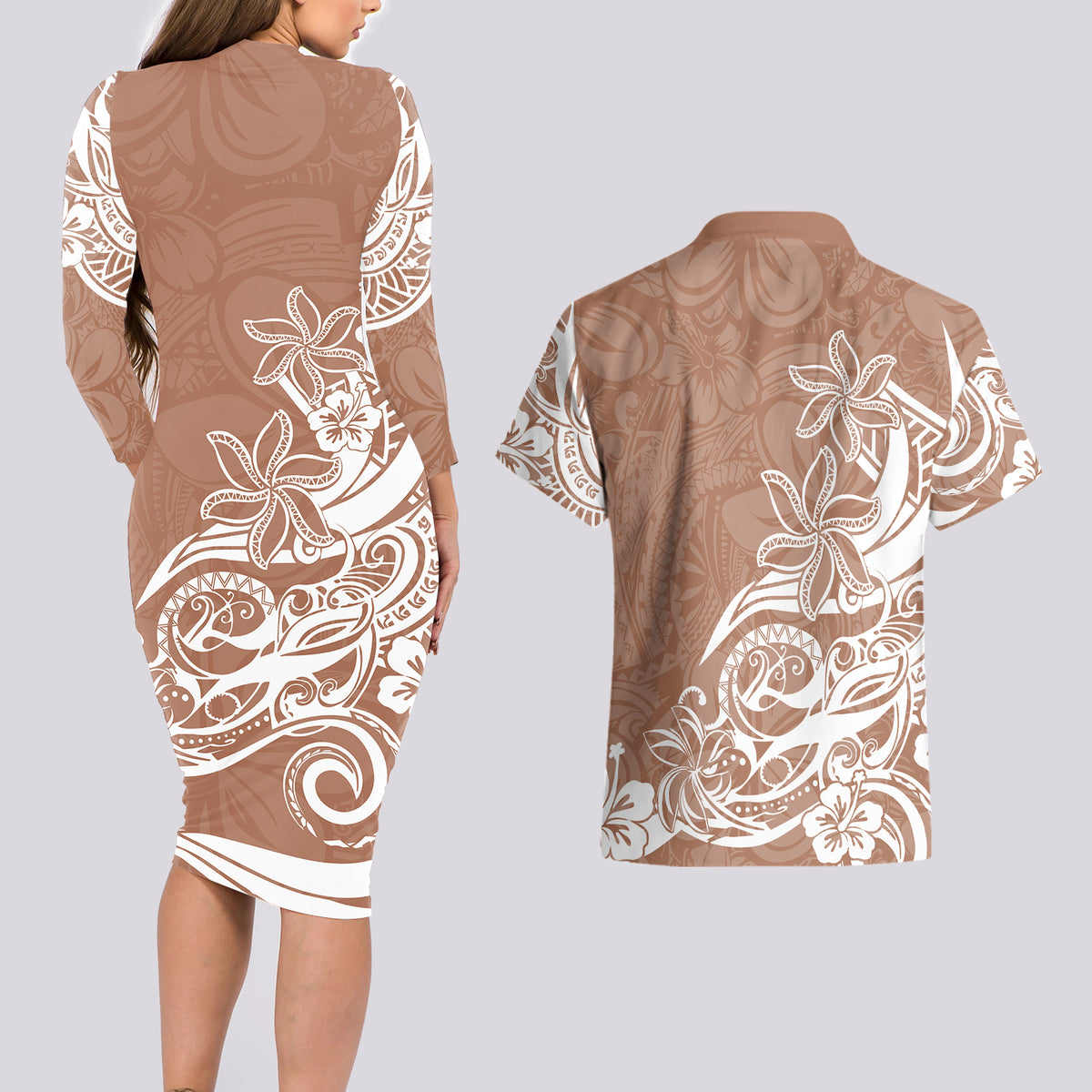 Polynesian Sunset Plumeria Couples Matching Long Sleeve Bodycon Dress and Hawaiian Shirt Pacific Island Tribal Nude Style LT9 - Wonder Print Shop