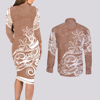 Polynesian Sunset Plumeria Couples Matching Long Sleeve Bodycon Dress and Long Sleeve Button Shirts Pacific Island Tribal Nude Style LT9 - Wonder Print Shop