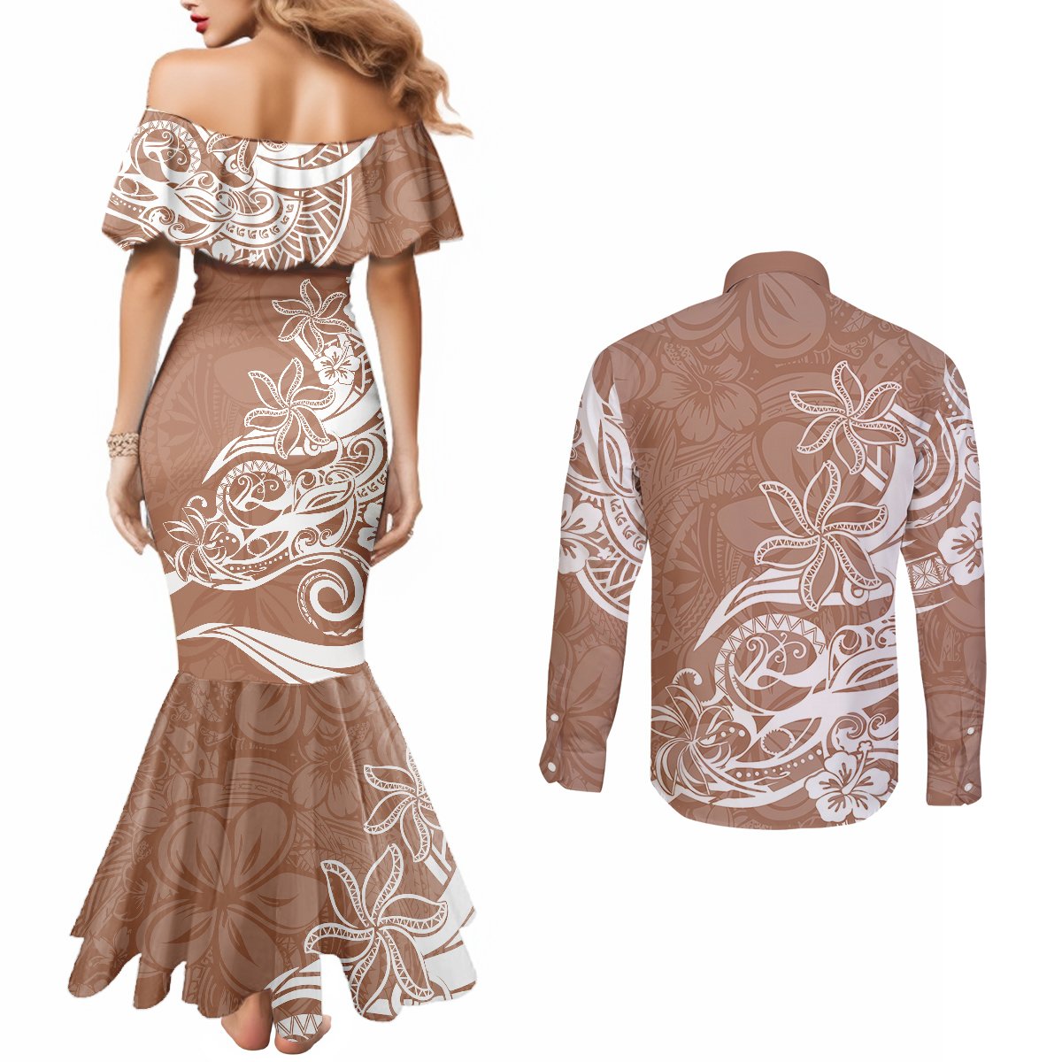 polynesian-sunset-plumeria-couples-matching-mermaid-dress-and-long-sleeve-button-shirts-pacific-island-tribal-nude-style