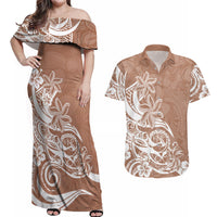 Polynesian Sunset Plumeria Couples Matching Off Shoulder Maxi Dress and Hawaiian Shirt Pacific Island Tribal Nude Style LT9 - Wonder Print Shop