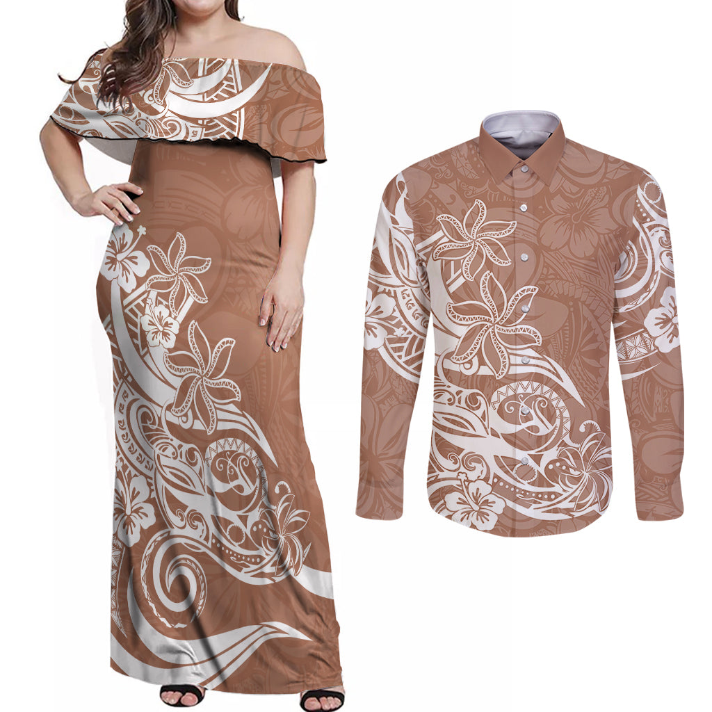 Polynesian Sunset Plumeria Couples Matching Off Shoulder Maxi Dress and Long Sleeve Button Shirts Pacific Island Tribal Nude Style LT9 - Wonder Print Shop