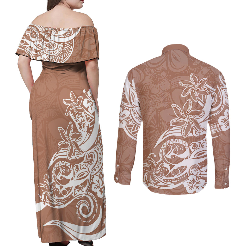 Polynesian Sunset Plumeria Couples Matching Off Shoulder Maxi Dress and Long Sleeve Button Shirts Pacific Island Tribal Nude Style LT9 - Wonder Print Shop