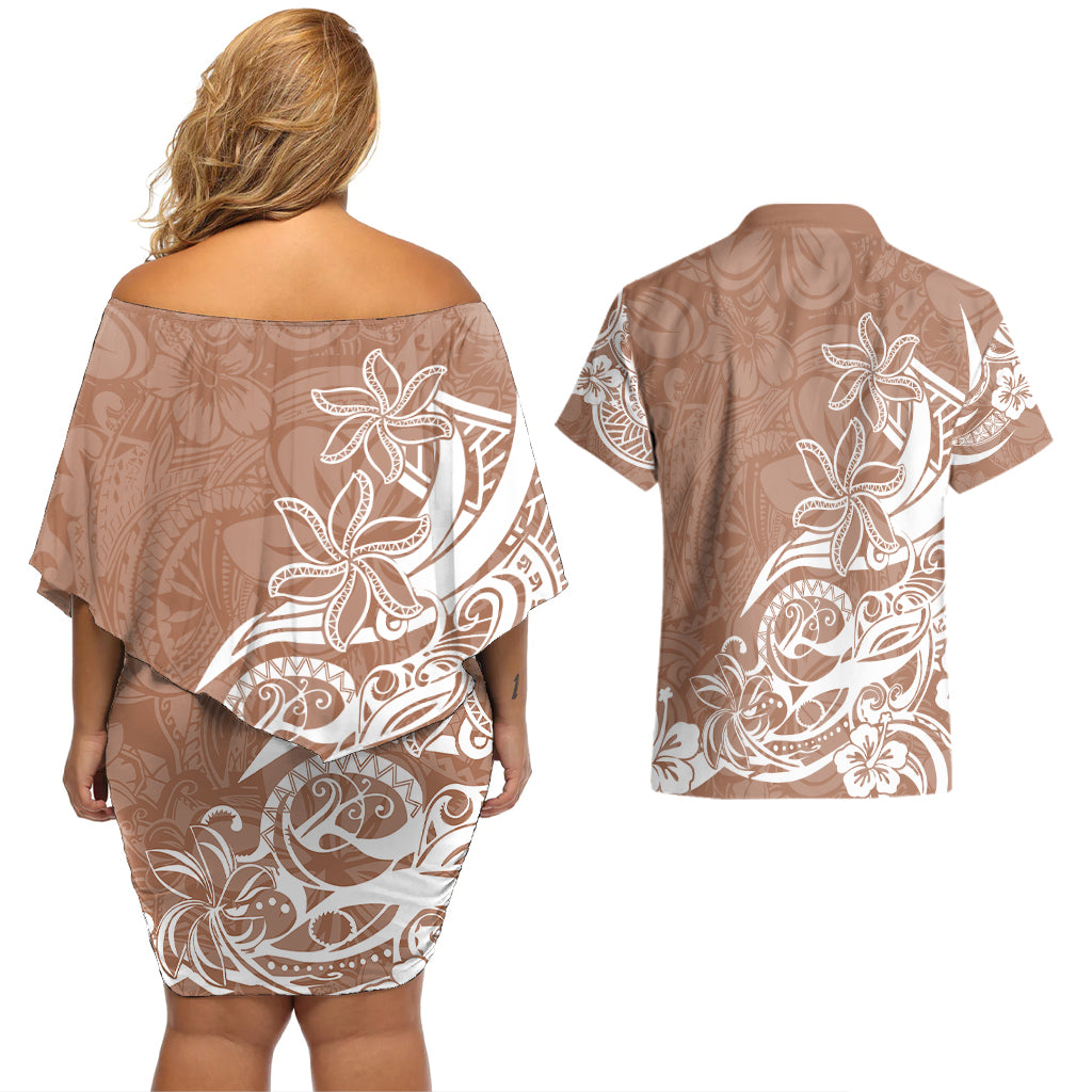 Polynesian Sunset Plumeria Couples Matching Off Shoulder Short Dress and Hawaiian Shirt Pacific Island Tribal Nude Style LT9 - Wonder Print Shop