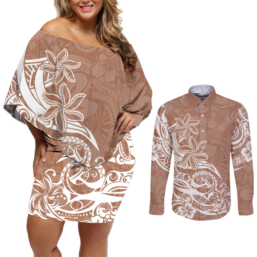 Polynesian Sunset Plumeria Couples Matching Off Shoulder Short Dress and Long Sleeve Button Shirts Pacific Island Tribal Nude Style LT9 - Wonder Print Shop