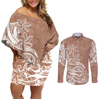 Polynesian Sunset Plumeria Couples Matching Off Shoulder Short Dress and Long Sleeve Button Shirts Pacific Island Tribal Nude Style LT9 - Wonder Print Shop