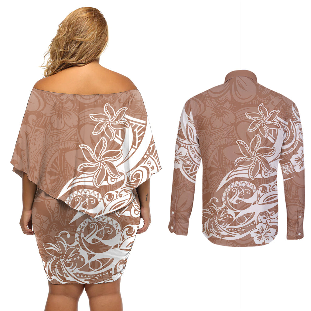 Polynesian Sunset Plumeria Couples Matching Off Shoulder Short Dress and Long Sleeve Button Shirts Pacific Island Tribal Nude Style LT9 - Wonder Print Shop