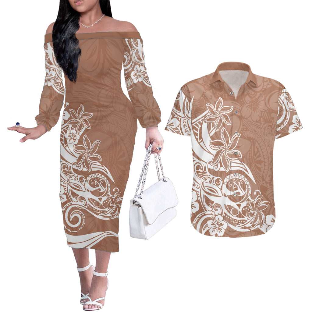 Polynesian Sunset Plumeria Couples Matching Off The Shoulder Long Sleeve Dress and Hawaiian Shirt Pacific Island Tribal Nude Style LT9 - Wonder Print Shop