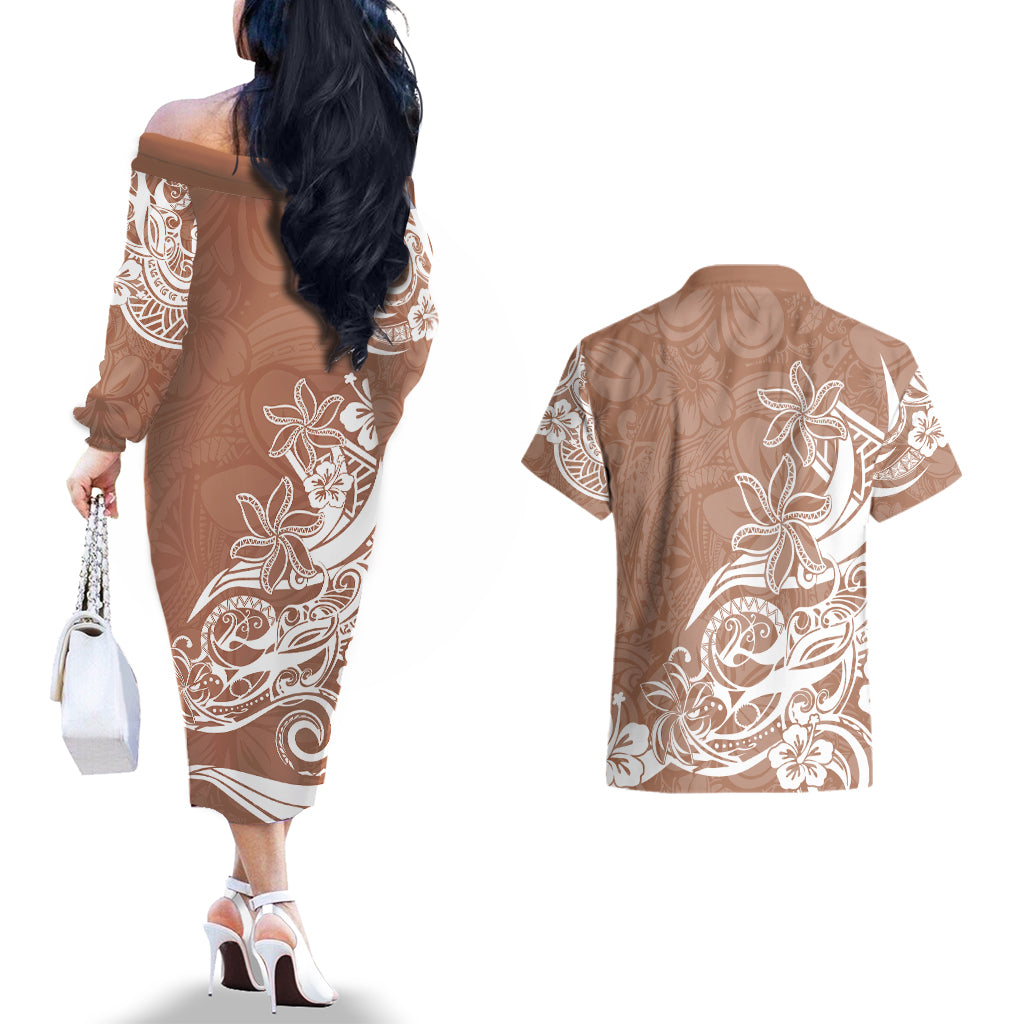 Polynesian Sunset Plumeria Couples Matching Off The Shoulder Long Sleeve Dress and Hawaiian Shirt Pacific Island Tribal Nude Style LT9 - Wonder Print Shop