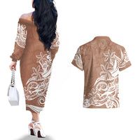 Polynesian Sunset Plumeria Couples Matching Off The Shoulder Long Sleeve Dress and Hawaiian Shirt Pacific Island Tribal Nude Style LT9 - Wonder Print Shop
