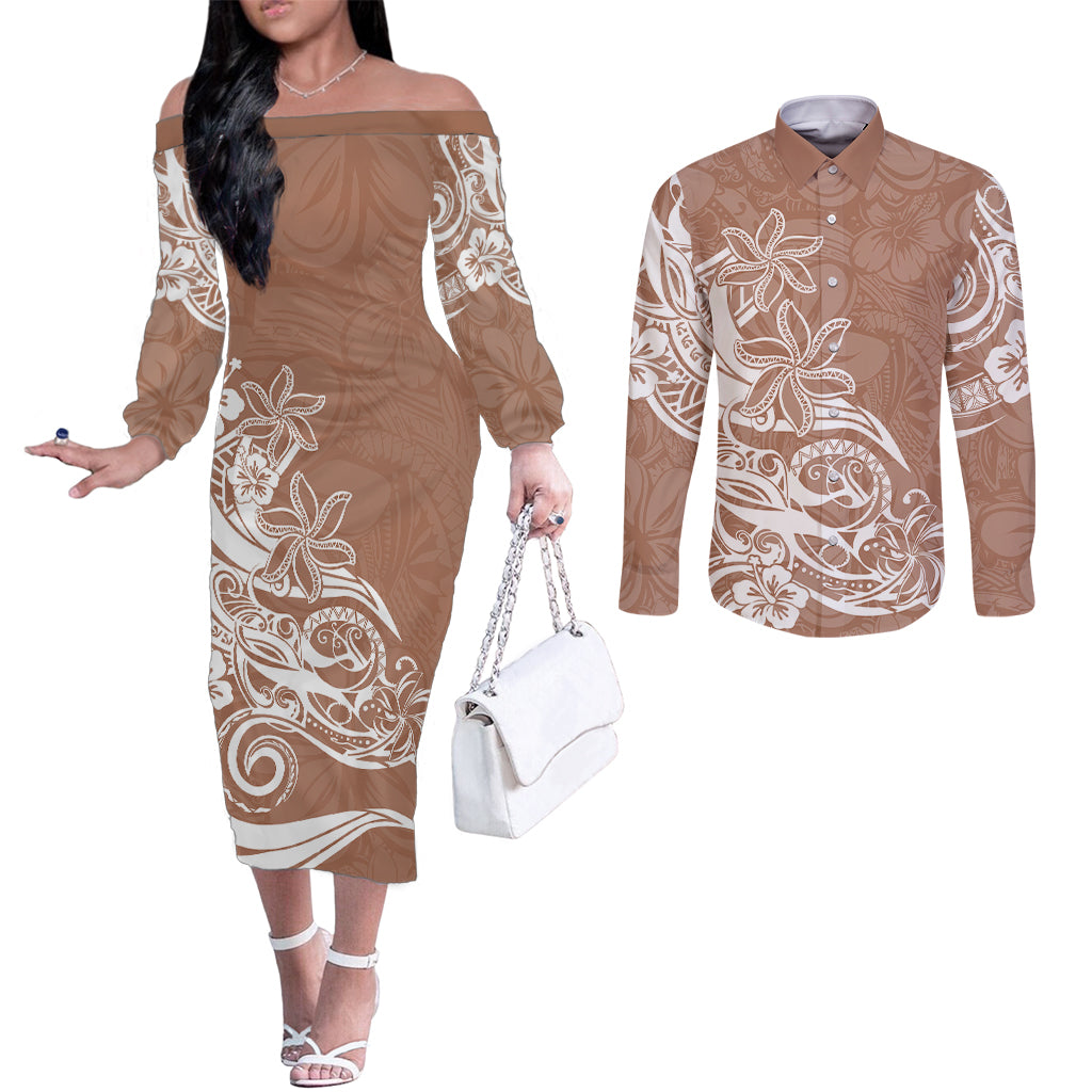 polynesian-sunset-plumeria-couples-matching-off-the-shoulder-long-sleeve-dress-and-long-sleeve-button-shirts-pacific-island-tribal-nude-style