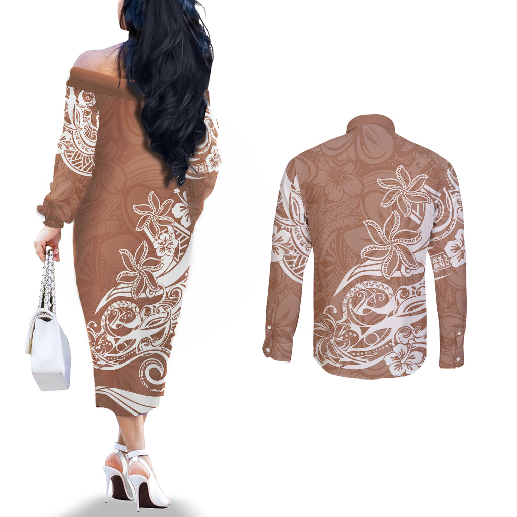 polynesian-sunset-plumeria-couples-matching-off-the-shoulder-long-sleeve-dress-and-long-sleeve-button-shirts-pacific-island-tribal-nude-style