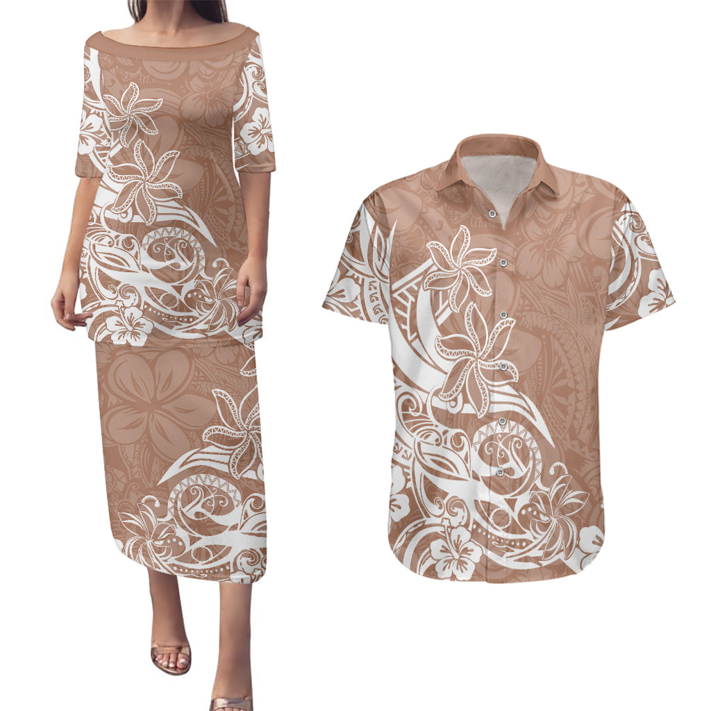 Polynesian Sunset Plumeria Couples Matching Puletasi Dress and Hawaiian Shirt Pacific Island Tribal Nude Style LT9 - Wonder Print Shop