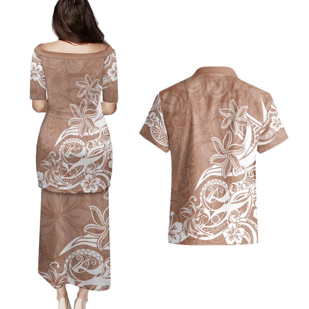 Polynesian Sunset Plumeria Couples Matching Puletasi Dress and Hawaiian Shirt Pacific Island Tribal Nude Style LT9 - Wonder Print Shop