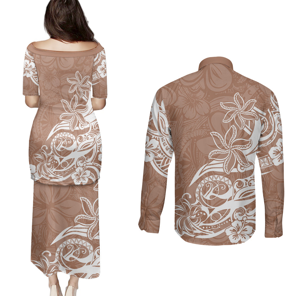 Polynesian Sunset Plumeria Couples Matching Puletasi Dress and Long Sleeve Button Shirts Pacific Island Tribal Nude Style LT9 - Wonder Print Shop