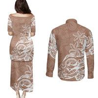 Polynesian Sunset Plumeria Couples Matching Puletasi Dress and Long Sleeve Button Shirts Pacific Island Tribal Nude Style LT9 - Wonder Print Shop