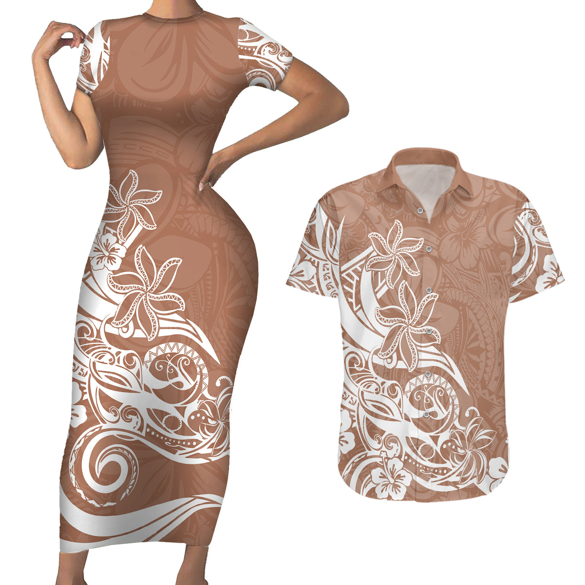 Polynesian Sunset Plumeria Couples Matching Short Sleeve Bodycon Dress and Hawaiian Shirt Pacific Island Tribal Nude Style LT9 - Wonder Print Shop
