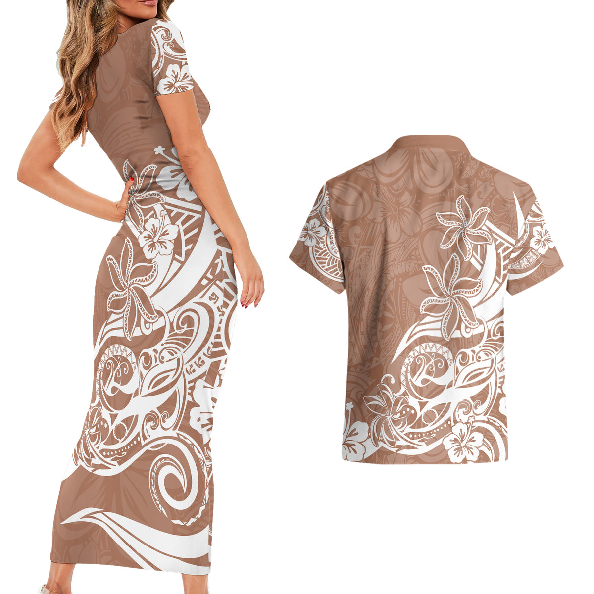 Polynesian Sunset Plumeria Couples Matching Short Sleeve Bodycon Dress and Hawaiian Shirt Pacific Island Tribal Nude Style LT9 - Wonder Print Shop