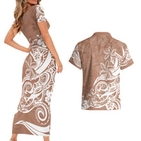 Polynesian Sunset Plumeria Couples Matching Short Sleeve Bodycon Dress and Hawaiian Shirt Pacific Island Tribal Nude Style LT9 - Wonder Print Shop