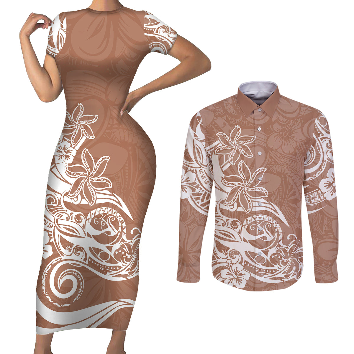 Polynesian Sunset Plumeria Couples Matching Short Sleeve Bodycon Dress and Long Sleeve Button Shirts Pacific Island Tribal Nude Style LT9 - Wonder Print Shop