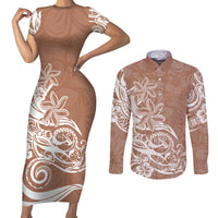 Polynesian Sunset Plumeria Couples Matching Short Sleeve Bodycon Dress and Long Sleeve Button Shirts Pacific Island Tribal Nude Style LT9 - Wonder Print Shop