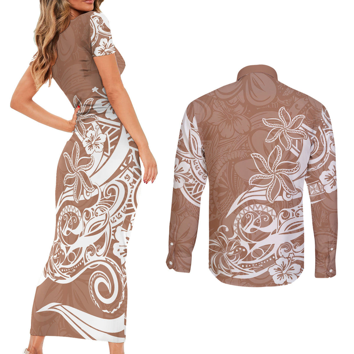 Polynesian Sunset Plumeria Couples Matching Short Sleeve Bodycon Dress and Long Sleeve Button Shirts Pacific Island Tribal Nude Style LT9 - Wonder Print Shop
