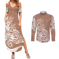 Polynesian Sunset Plumeria Couples Matching Summer Maxi Dress and Long Sleeve Button Shirts Pacific Island Tribal Nude Style LT9 - Wonder Print Shop