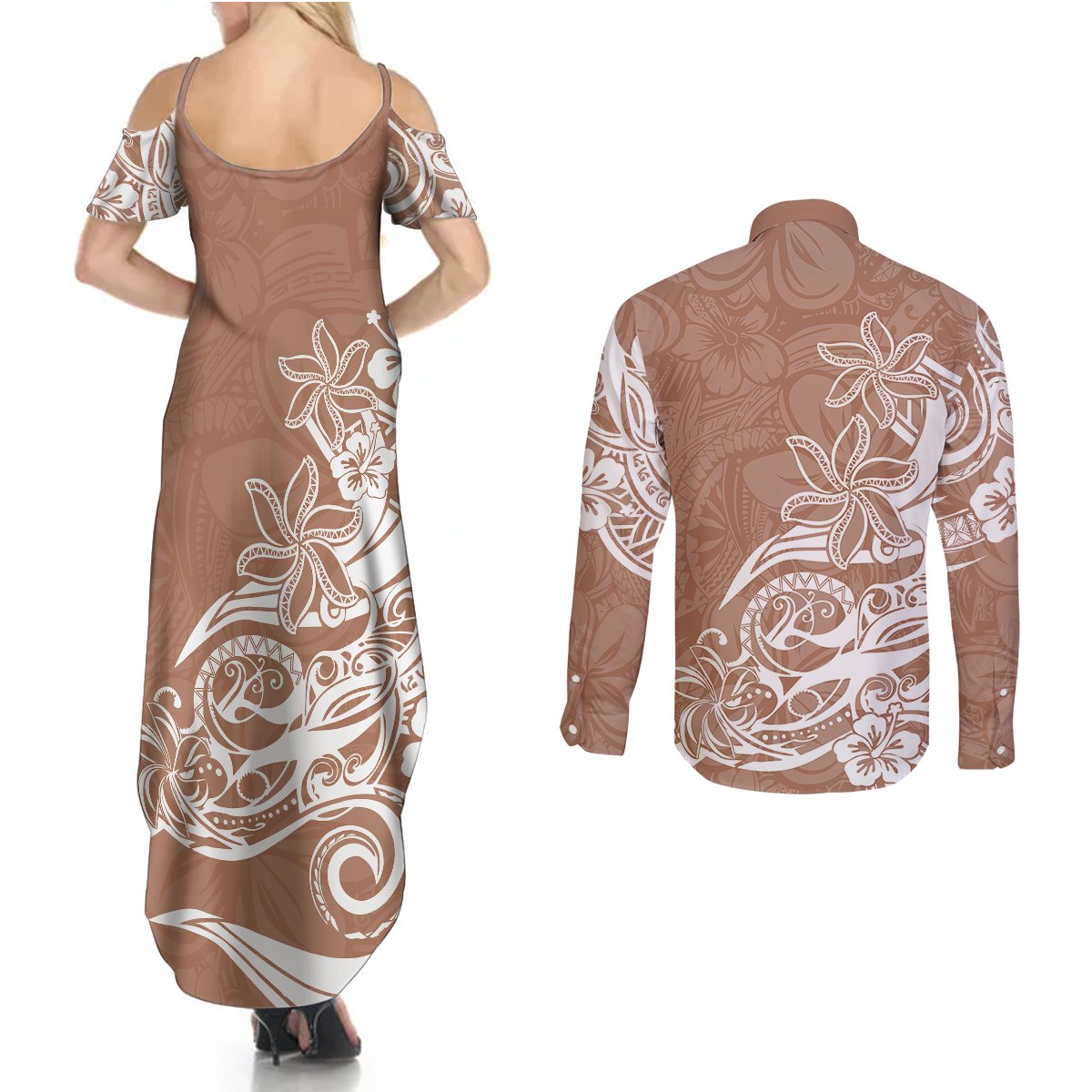 Polynesian Sunset Plumeria Couples Matching Summer Maxi Dress and Long Sleeve Button Shirts Pacific Island Tribal Nude Style LT9 - Wonder Print Shop