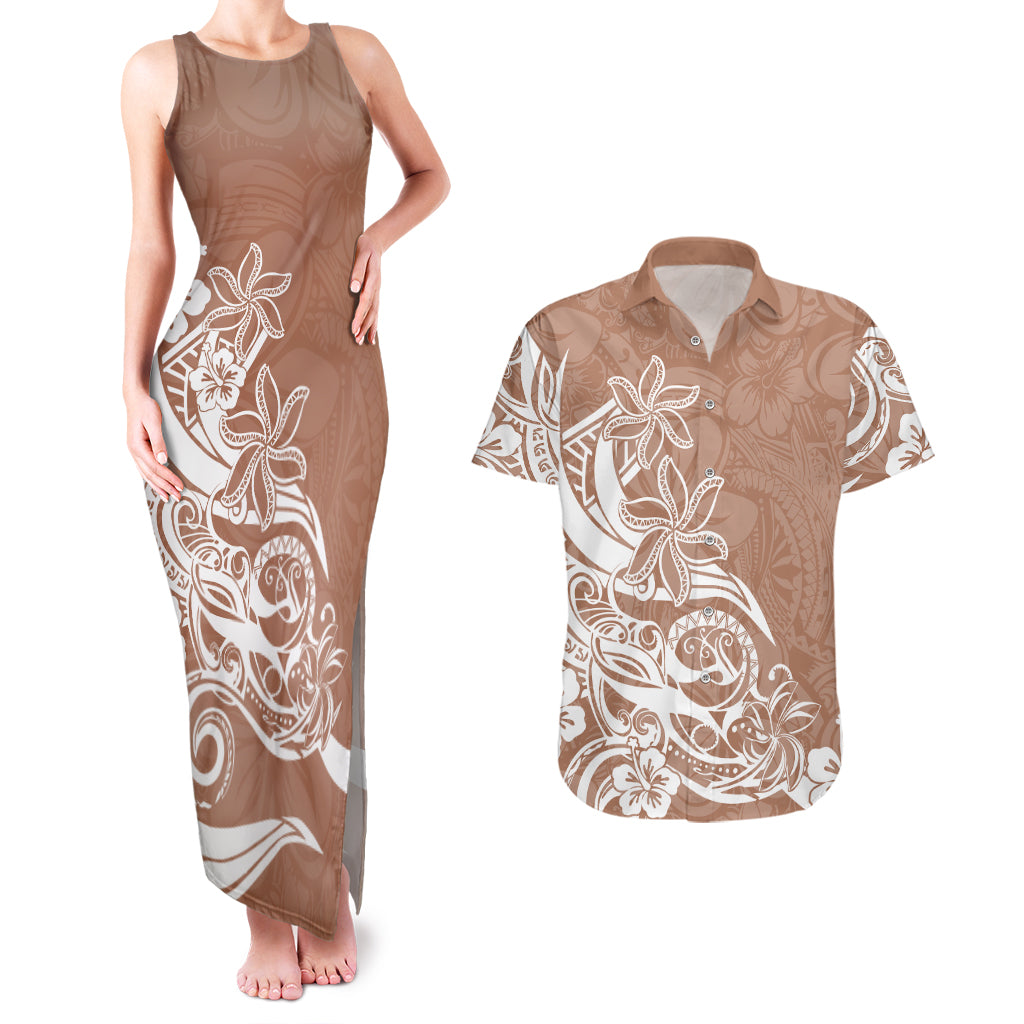 Polynesian Sunset Plumeria Couples Matching Tank Maxi Dress and Hawaiian Shirt Pacific Island Tribal Nude Style LT9 - Wonder Print Shop