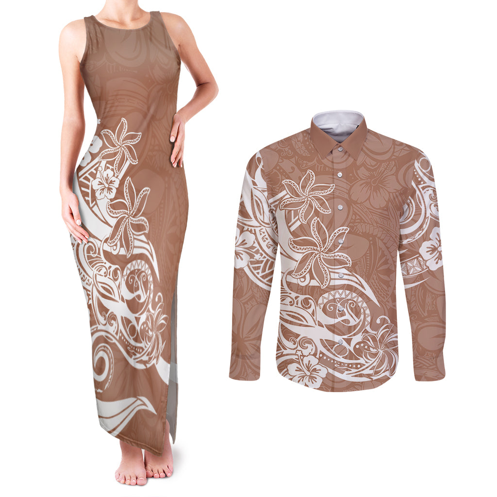 Polynesian Sunset Plumeria Couples Matching Tank Maxi Dress and Long Sleeve Button Shirts Pacific Island Tribal Nude Style LT9 - Wonder Print Shop