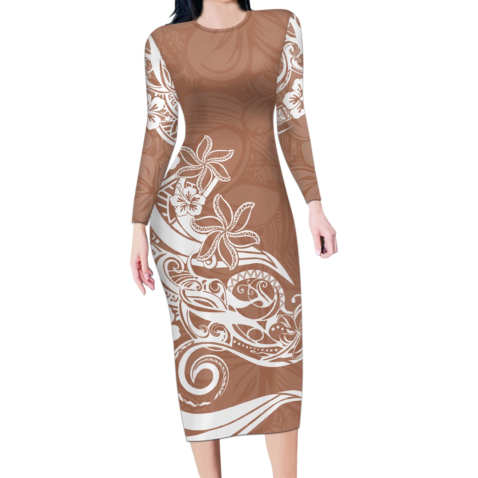 Polynesian Sunset Plumeria Long Sleeve Bodycon Dress Pacific Island Tribal Nude Style - Wonder Print Shop