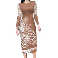 Polynesian Sunset Plumeria Long Sleeve Bodycon Dress Pacific Island Tribal Nude Style - Wonder Print Shop