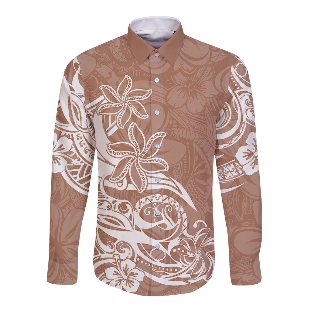 Polynesian Sunset Plumeria Long Sleeve Button Shirt Pacific Island Tribal Nude Style - Wonder Print Shop