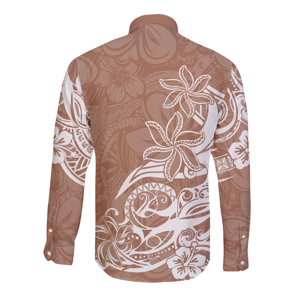 Polynesian Sunset Plumeria Long Sleeve Button Shirt Pacific Island Tribal Nude Style - Wonder Print Shop