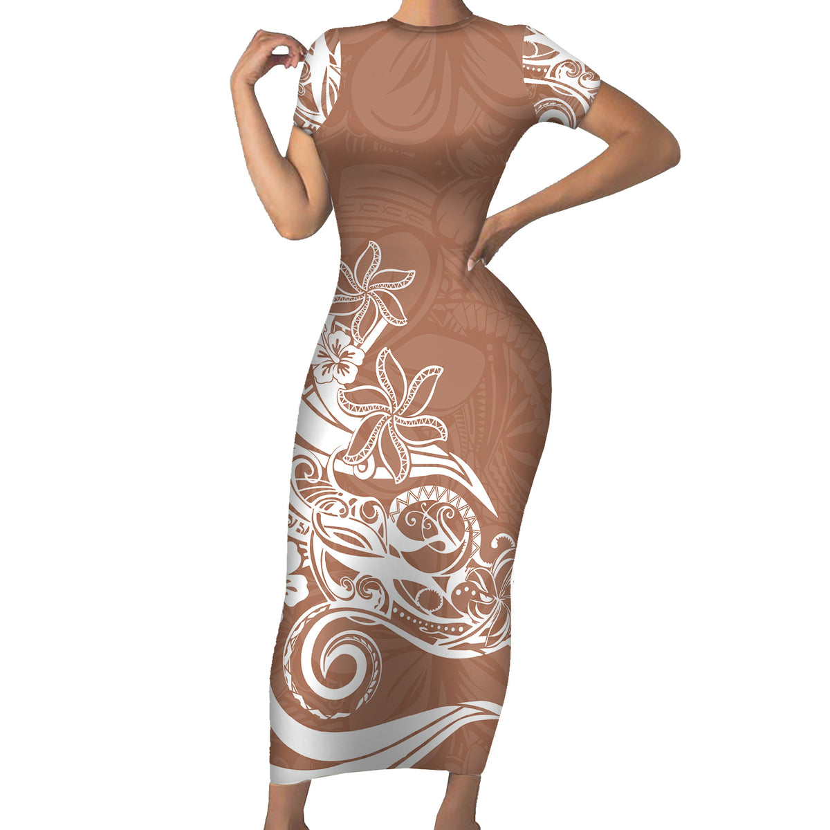 Polynesian Sunset Plumeria Short Sleeve Bodycon Dress Pacific Island Tribal Nude Style - Wonder Print Shop