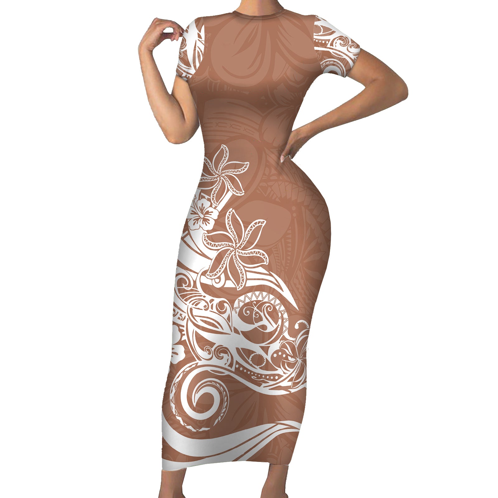 Polynesian Sunset Plumeria Short Sleeve Bodycon Dress Pacific Island Tribal Nude Style - Wonder Print Shop