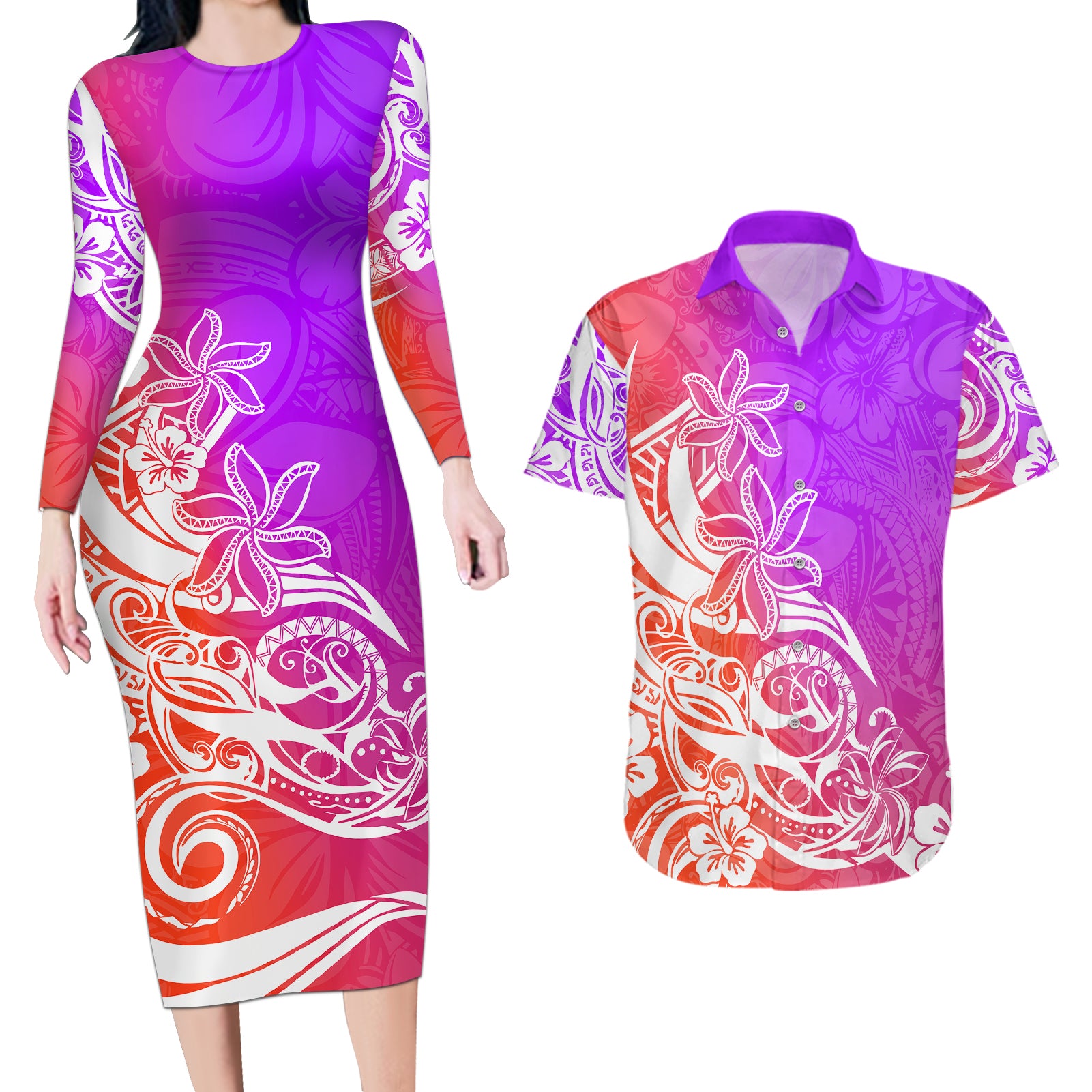 Polynesian Sunset Plumeria Couples Matching Long Sleeve Bodycon Dress and Hawaiian Shirt Pacific Island Tribal Purple Style LT9 - Wonder Print Shop