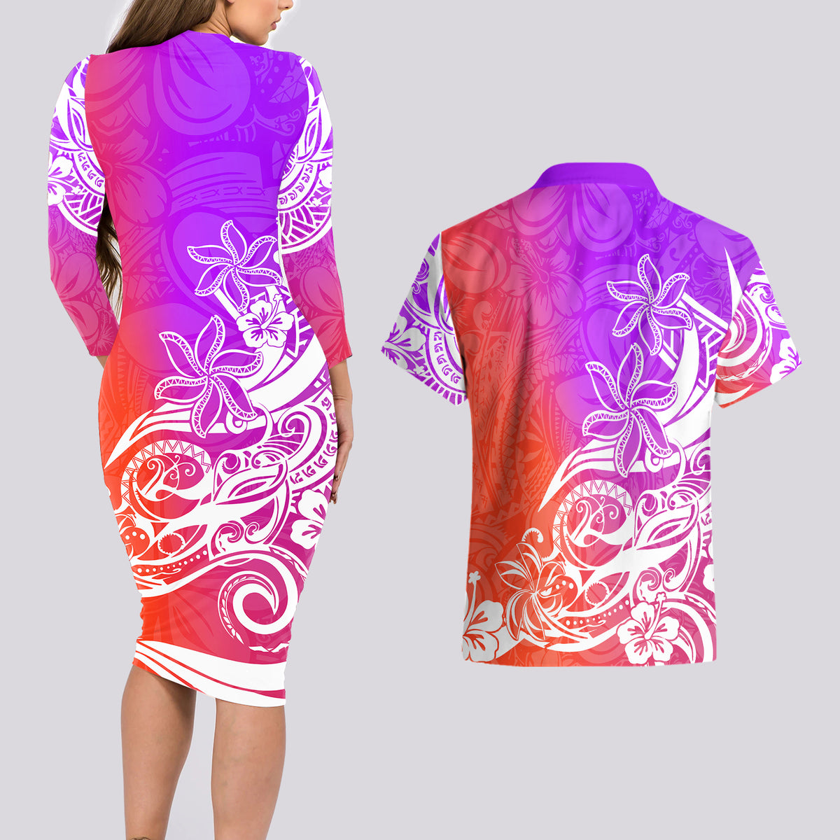 Polynesian Sunset Plumeria Couples Matching Long Sleeve Bodycon Dress and Hawaiian Shirt Pacific Island Tribal Purple Style LT9 - Wonder Print Shop
