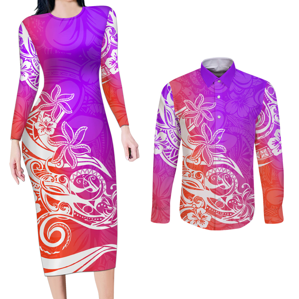 Polynesian Sunset Plumeria Couples Matching Long Sleeve Bodycon Dress and Long Sleeve Button Shirts Pacific Island Tribal Purple Style LT9 - Wonder Print Shop